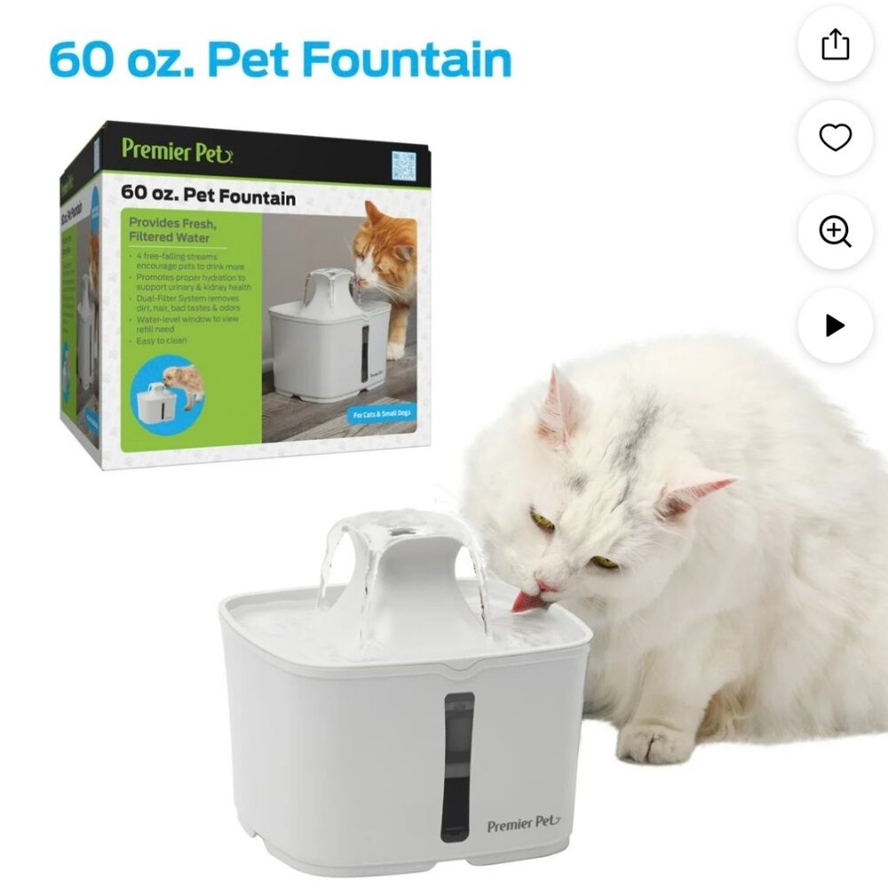 Premier Pet 60 oz. Pet Fountain, Automatic for Cats, Filters Included, White